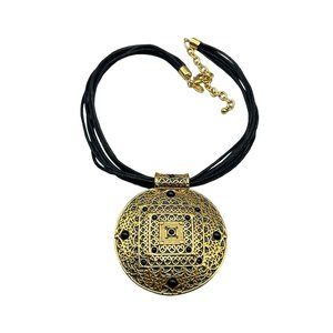 Signed Joan Rivers Medallion Necklace Black Multi Cord Oversized Gold & Black